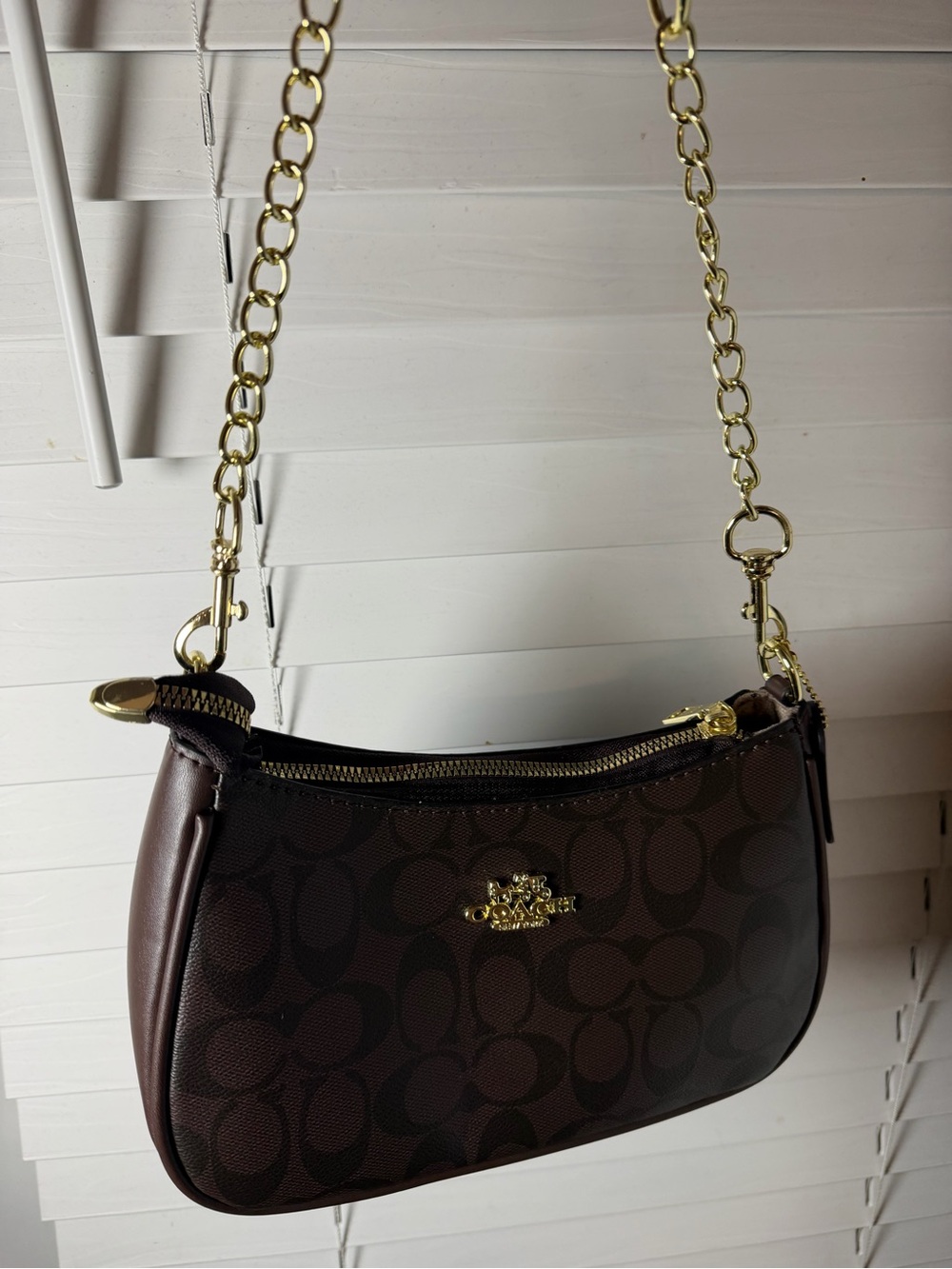 Coach Chocolate Brown Signature Mini Shoulder Bag with Gold Chain Strap